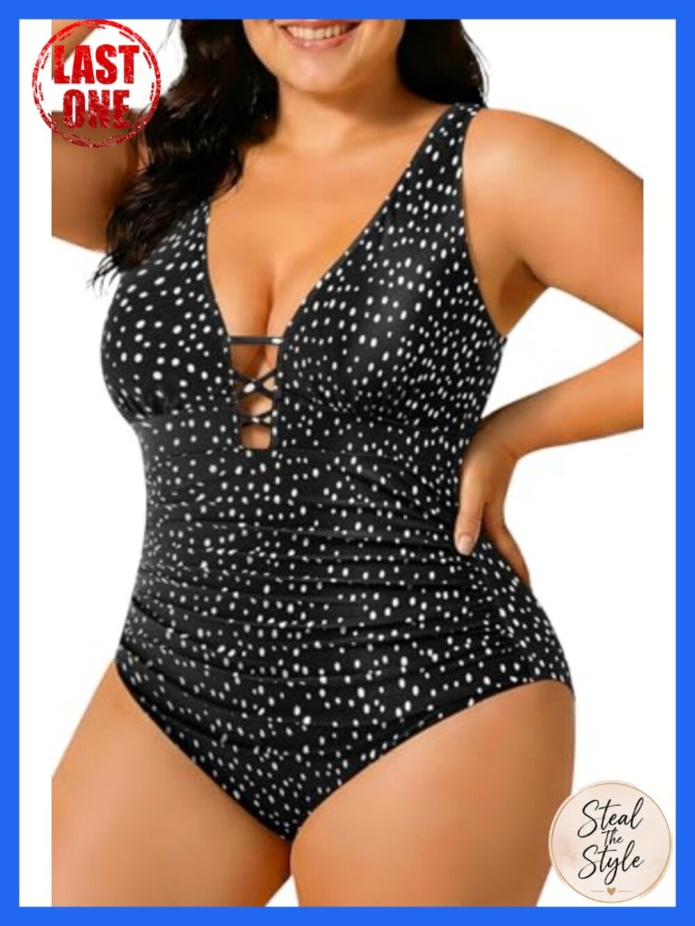 Plus Size One Piece Swimsuit Tummy Control Plunge V-Neck Lace Up Ruched Monokini